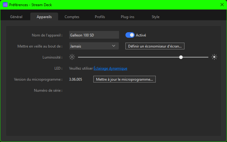 Elgato Stream Deck device preferences with the Galleon 100 SD firmware update control